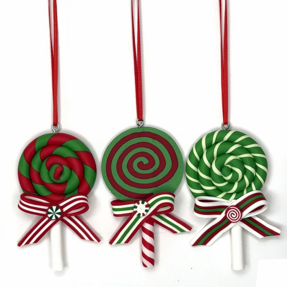 Green Red White Lollipop Swirl Ornaments Set of 3